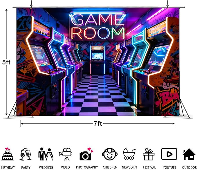 Imirell Arcade Neon Gaming Backdrop 7Wx5H Feet Retro Video Game Center Gamer Game Room Banner Boys Birthday Photography Backgrounds Baby Shower Party Decorations Photo Shoot Decor Props