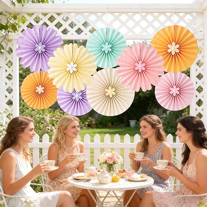 Pastel Paper Fans, Pastel Decorations for Party, Birthday, Classroom, Birthday, 9 PCS Yellow, Pink and Purple Pastel Paper Flower Decorations for Baby Shower, Wall Decor