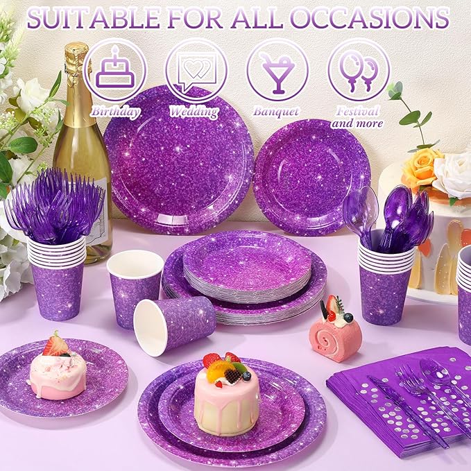 Hushee 175 Pcs Purple Holographic Print Party Supplies Guests Disposable Dinnerware Set Include Paper Plates, Napkins, Cups, Plastic Cutlery for Wedding Birthday Disco Bachelorette