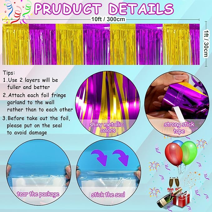 4 Packs Total 39 Ft Graduation Parade Floats for Trailer Car, Purple Gold Foil Fringe Garland Tinsel Streamers Banner Table Skirts for Graduation Homecoming Birthday Party (Purple Gold)