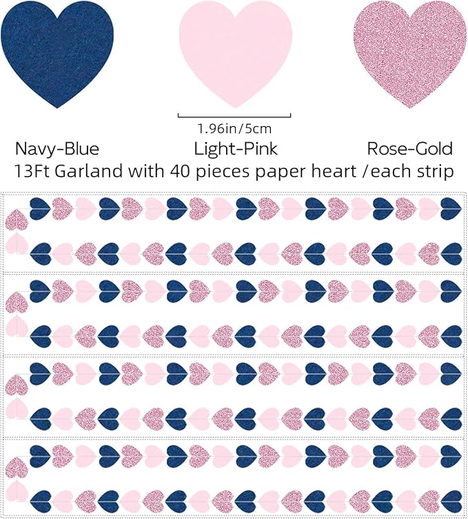 Navy-Blue Pink Rose-Gold Party Decorations - 52Ft Paper Heart Garland Streamers for Baby Shower, Gender Reveal, Birthday, Engagement, Bachelorette, Wedding