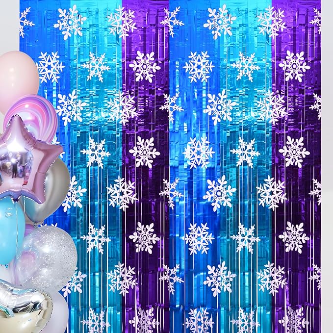 Winter Princess Birthday Party Decorations, 2 Pack Ice Birthday Party Supplies 3.3x6.6ft Tinsel Foil Fringe Curtains, Winter Photo Booth Prop Backdrop Streamer, Snowflake Birthday Party Decor
