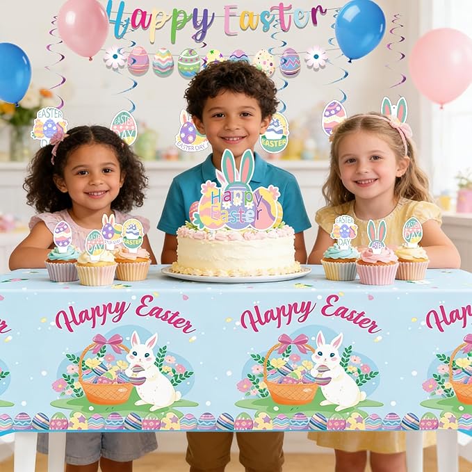 Easter Party Decorations 33PCS Kit – Bunny & Egg Banner, Cake & Cupcake Toppers, Hanging Swirls & Tablecloth for Family Spring Party