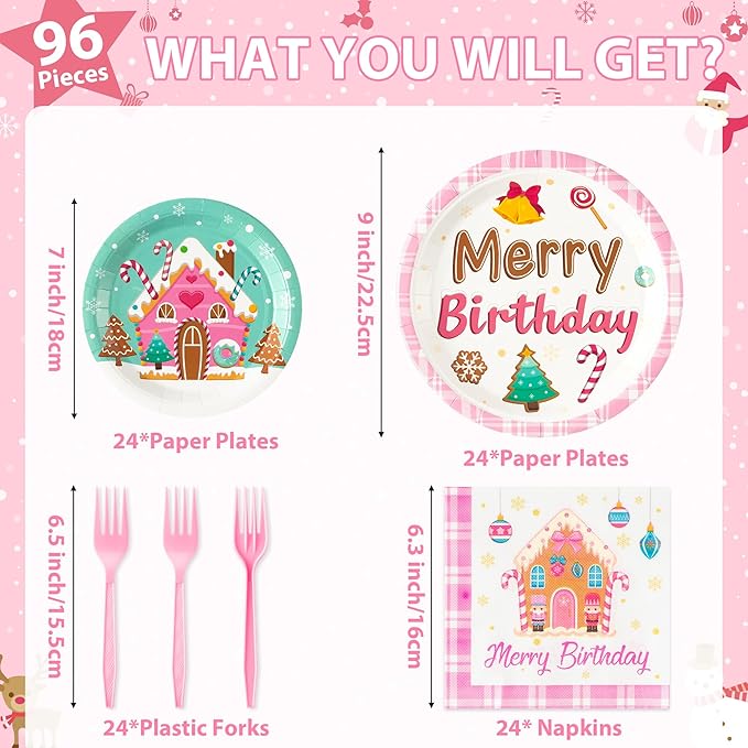 Merry Birthday Christmas Xmas Pink Village Houses Candy Party Plate Supplies - Serves 24-96Pcs Party Tableware Decoration Disposable Paper Plate Napkin Fork for Winter Holiday Birthday