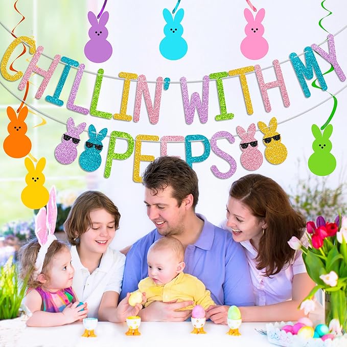 Glitter Chillin with My Peeps Banner with Bunny Hanging Swirls - NO DIY - Easter Party Decorations, Happy Easter Banner for Spring Easter Bunny Party Supplies Easter Peeps Decorations