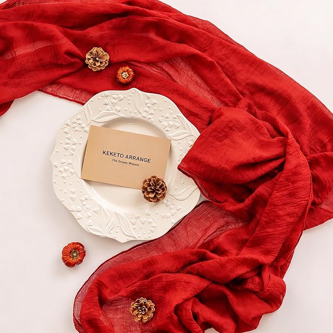 Keketoarrange Red Cheesecloth Table Runner Cheese Cloth Rustic Gauze Table Runner 120 Inch 10 FT for Wedding Baby Bridal Shower Sheer Boho Holiday Spring Home Decorations
