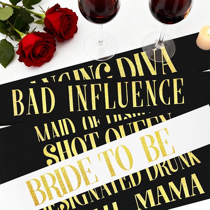 7 Pack Bachelorette Party Sashes Set - Bride to Be Sash + 6 Funny Group Sashes for Bridal Shower, Bachelorette Night & Engagement Celebration, Includes Safety Pins