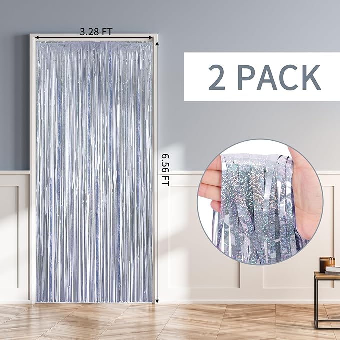 RUBFAC 2 Pack Shimmer Silver Backdrop Party Decorations Foil Fringe Curtains Tinsel Metallic Streamers Photo Booth Streamer for Bachelorette Wedding Engagement Baby Shower Birthday Party Supplies