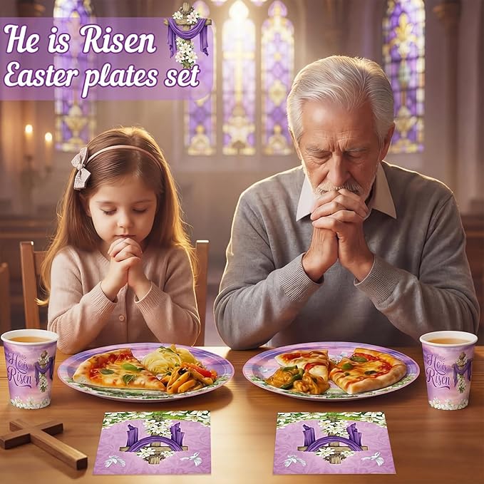 Vesici 150 Pcs Easter Cross Paper Plates and Napkins Set-serves 50, 10'' x 12'' Large Bunny Flower Tableware Disposable Purple Cross Paper Plates Cups Napkins for Spring Easter Birthday Party Supplies