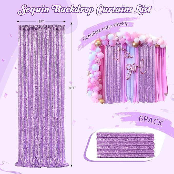 12ftx8ft Lavender Backdrop Curtains for Parties - Light Purple Sequin Photo Background Drapes for Baby Shower Wedding Birthday Glitter Fabric Decor 6 Panels 2ftx8ft
