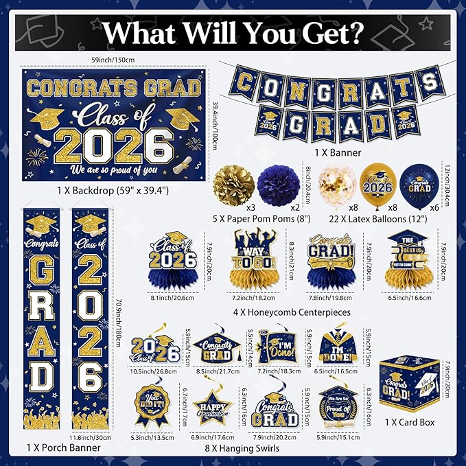 Navy Blue and Gold Graduation Decorations 2026 Set, All-in-1 Kit with Congrats Grad Banner Class of 2026 Backdrop Porch Sign Balloons Centerpieces Card Box Pom Poms Streamers for College High School
