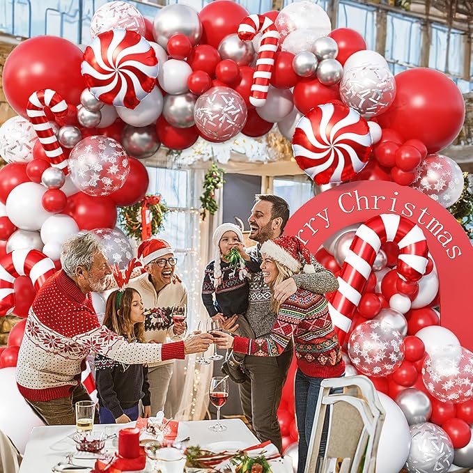 Christmas Balloon Arch Kit 129 Pcs Red White Silver Snowflake Confetti Latex Balloons Xmas Candy Cane Foil Balloon for Merry Christmas Friendsmas Winter New Year Birthday Party Decor