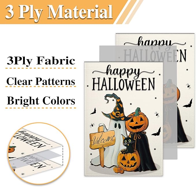 Happy Halloween Garden Flag 12x18 Double Sided Ghost Jack O Lantern Bat Garden Flag 3Ply Fabric Halloween Pumpkin Garden Flags for Outside House Indoor Outdoor Holiday Yard Sign Decor