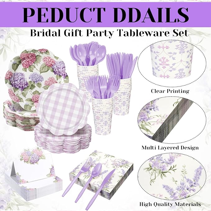 Shellwei 410 Pcs Purple Hydrangea Tea Party Decorations Elegant Floral Paper Plates and Napkins Set Disposable Party Tableware Sets with Cups Knives Forks Spoons Seat Card Favors for 50 Guests