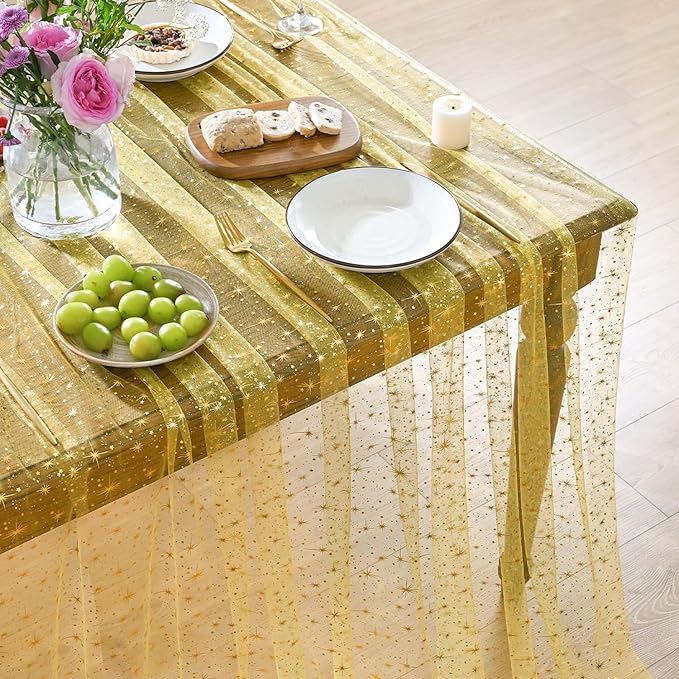 Horaldaily Yellow Gold Sparkling Star Gauze Tablecloth 60x84 Inch Rectangular, Golden Star Sequin Glitter Metallic Foil, Sheer Tulle Cheesecloth for Wedding Baby Shower Party