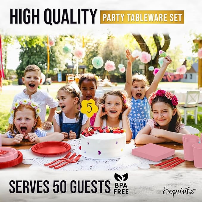 Party Solids 350 Pieces Valentines Plastic Plates For Party, Valentines Disposable Plates Set, 50 Of Each 9" Dinner Plate Set, 7" Dessert Plate, Cups, Napkins & Cutlery Plastic Dinnerware Set
