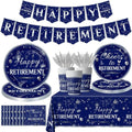 142Pcs Retirement Tableware Party Decorations Happy Retirement Party Supplies Sliver Blue Plastic Disposable Banner,Cup,Tablecloth,Plates and Napkins Sets