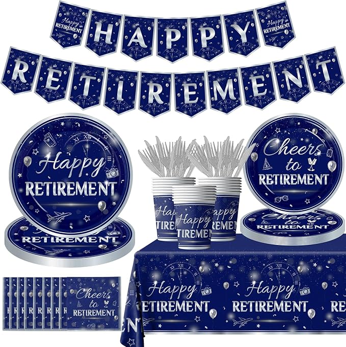 142Pcs Retirement Tableware Party Decorations Happy Retirement Party Supplies Sliver Blue Plastic Disposable Banner,Cup,Tablecloth,Plates and Napkins Sets