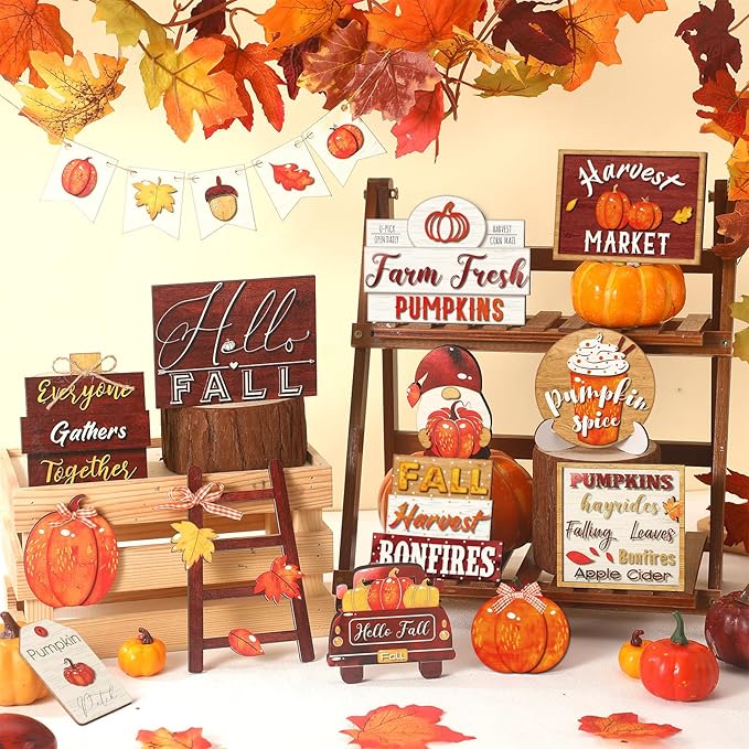 14 Pcs Thanksgiving Tiered Tray Decorations Set Rustic Fall Thanksgiving Pumpkin Tiered Tray Decor Farmhouse Pumpkin Truck Spice Blocks Autumn Winter Wooden Sign for Christmas Halloween