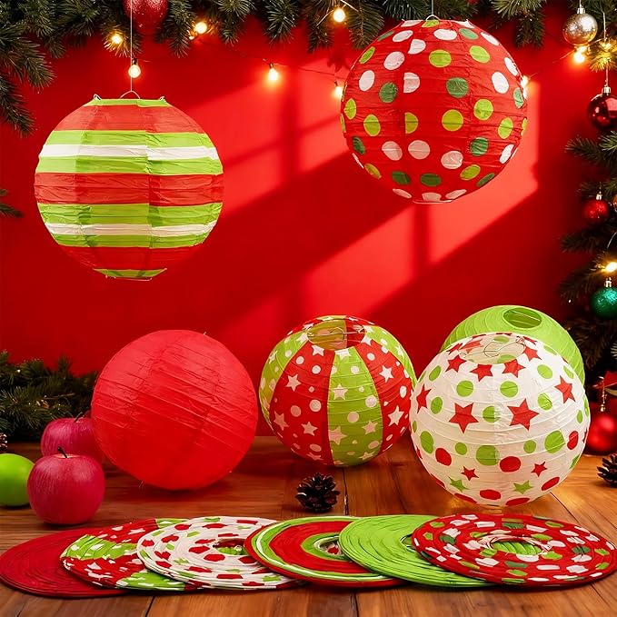 12 Pcs Red Green Christmas Hanging Paper Lanterns 8 Inch Christmas Party Lanterns Indoor Outdoor Decorative for Xmas Holiday Party Baby Shower Birthday