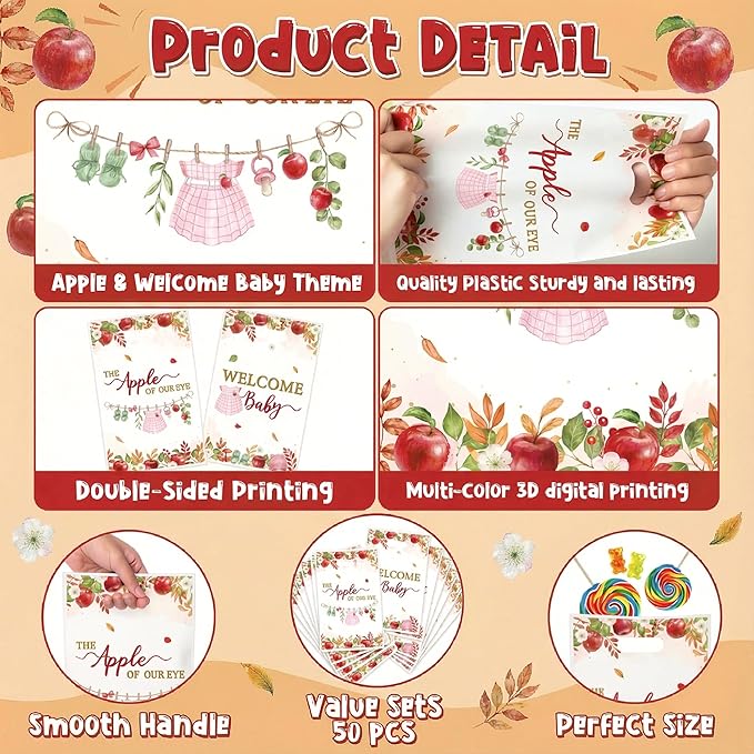 Apple Baby Shower Party Favor Bags - 50Pcs Welcome Baby Goodie Candy Treat Gift Bags Apple of Our Eye Party Decoration for Babies Fruit Theme Birthday Gender Reveal Events Supplies