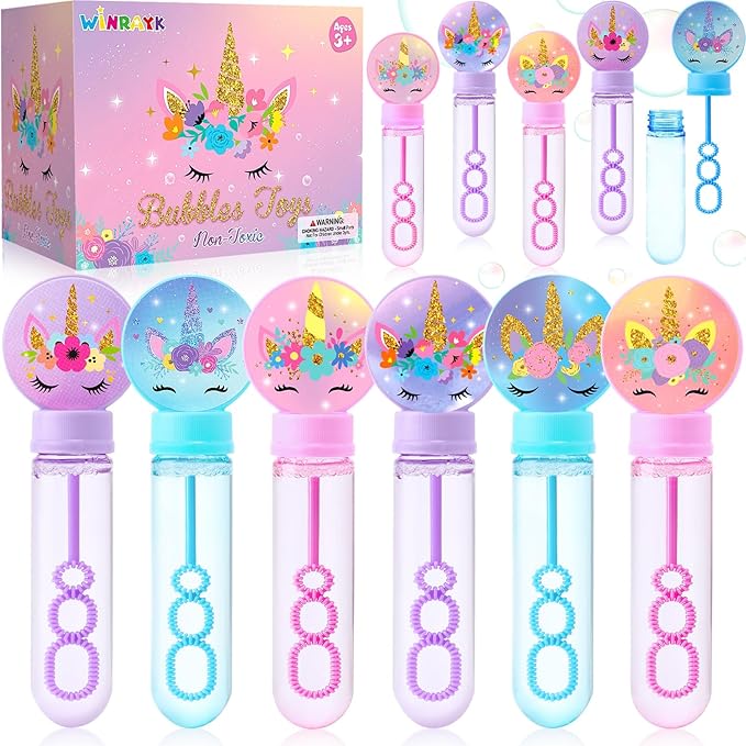 Winrayk 24 Large Unicorn Bubble Wands with Gift Box, Kids Unicorn Party Favors - Pastel Bubbles Bulk (6 Style & 3 Color), Pinata Filler Goodie Bag Stuffer Carnival Prize Summer Girls Birthday Supplies