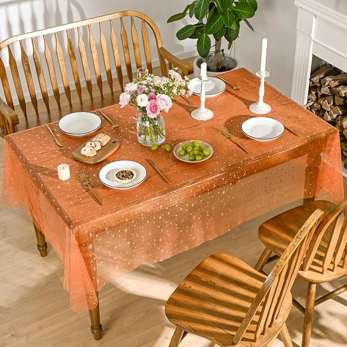 Horaldaily Orange Gold Sparkling Star Gauze Tablecloth 60x60 Inch Square, Golden Star Sequin Glitter Metallic Foil, Sheer Tulle Cheesecloth for Wedding Baby Shower Party