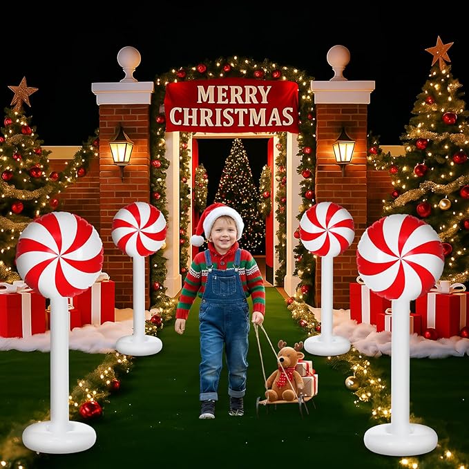 1 Pcs Christmas Inflatable Outdoor Decorations 4 FT Christmas Candy Inflatable Column Decoration for Winter Xmas Lawn Yard Garden Home Decor