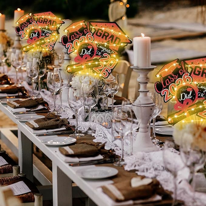 Graduation Decorations Class of 2026-30pcs Red and Black Graduation Table Centerpieces Sticks Table Toppers with Lights for College High School Congrats Grad Party Supplies