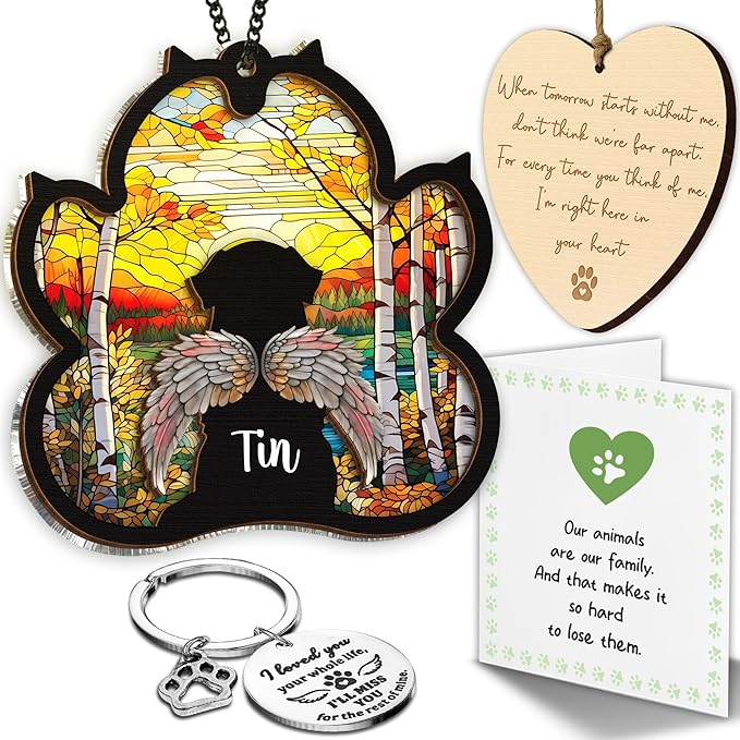 Personalized Angel Dog Memorial Suncatcher, Paw Suncatcher Remembrance Gift, Engraved Pet Memorial Ornament, Pet Sympathy Keychain, Loss of Animal Sympathy Card, Rainbow Bridge Dog Loss Gift