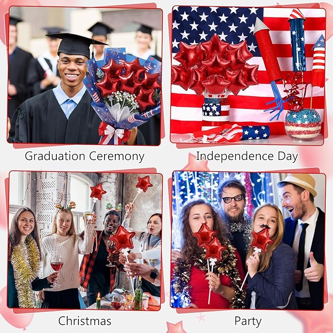 30 Pcs Star Self Inflatable Balloons with Bow Stems Star Foil Balloons Mini Pentagram Decoration for Patriotic Independence Day Graduation Birthday Baby Shower Anniversary(Red,4 Inches)