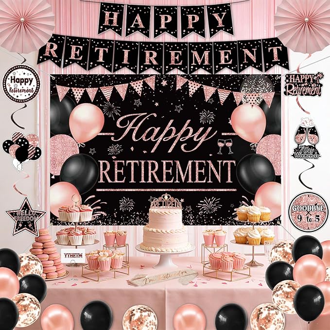 Retirement Party Decorations for Women Rose Gold Retirement Crown and Sash Happy Retirement Banner Backdrop Balloons Paper Fans Hanging Swirl Set