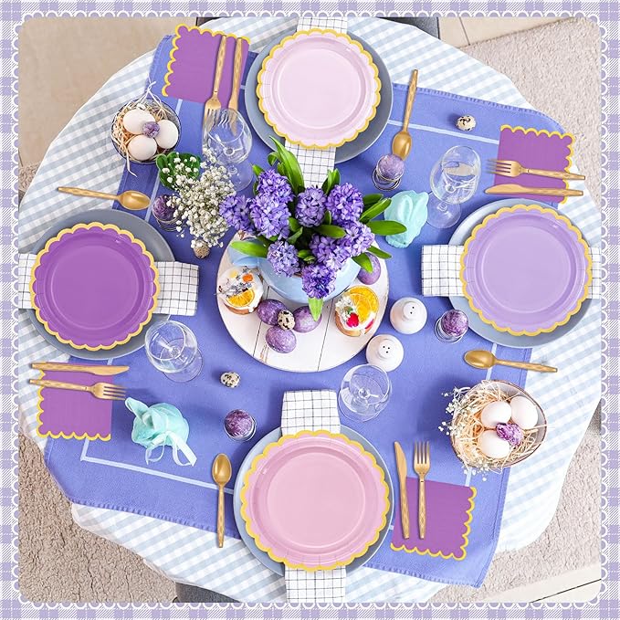Mimorou 169 Pcs Purple Plates and Napkins Party Supplies for Guests Lavender Purple and Gold Tableware Include Scalloped Plates Paper Napkin Cup Spoon Fork Knife for Baby Shower, Wedding, Birthday