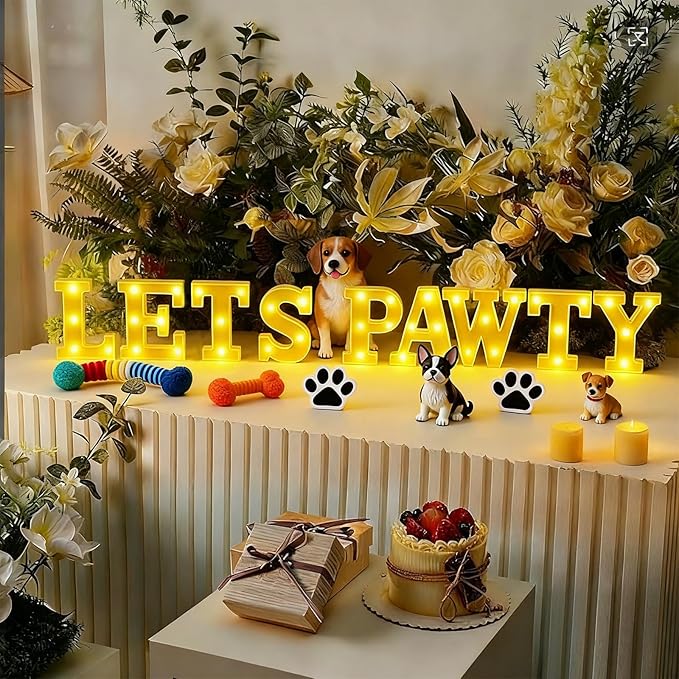 Honoson 9 Pcs Lets Pawty Light Dog Cat Pet Birthday Party Decorations 6.42 Inch Light up Sign LED Neon Table Decoration for Pet Puppy Cat Party Supplies Decorations