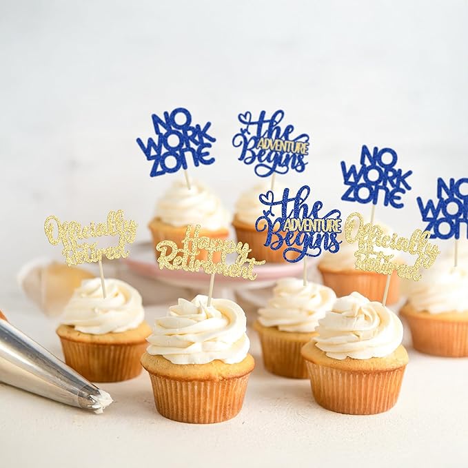 24Pcs Happy Retirement Cupcake Toppers Officially Retired Cake Toppers No Work Zone Adventure Begins Cupcake Picks Retirement Theme Farewell Birthday Party Decorations Supplies Gold Blue