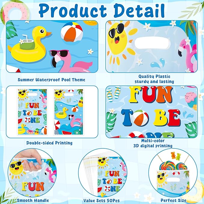 Summer Pool Party Favor Bag - 50Pcs Summer Fun to Be One Goodie Candy Treat Gift Bag Beach Ball First Birthday Theme Party Decoration for Kids Beach 1st Birthday Hawaiian Swimming Pool Events Supplies