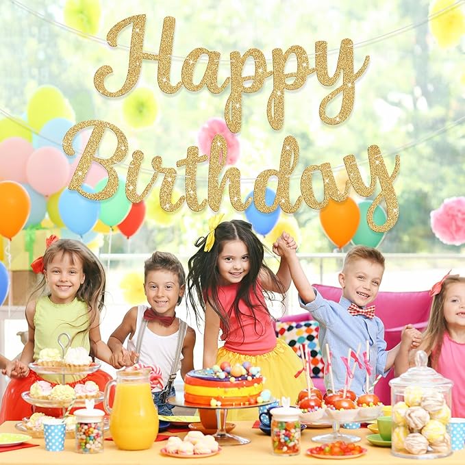 Glitter Happy Birthday Banner Sign Birthday Garland Wall Door Banners Flag for Women Men Boys Girls Party Backdrop Decorations Gold