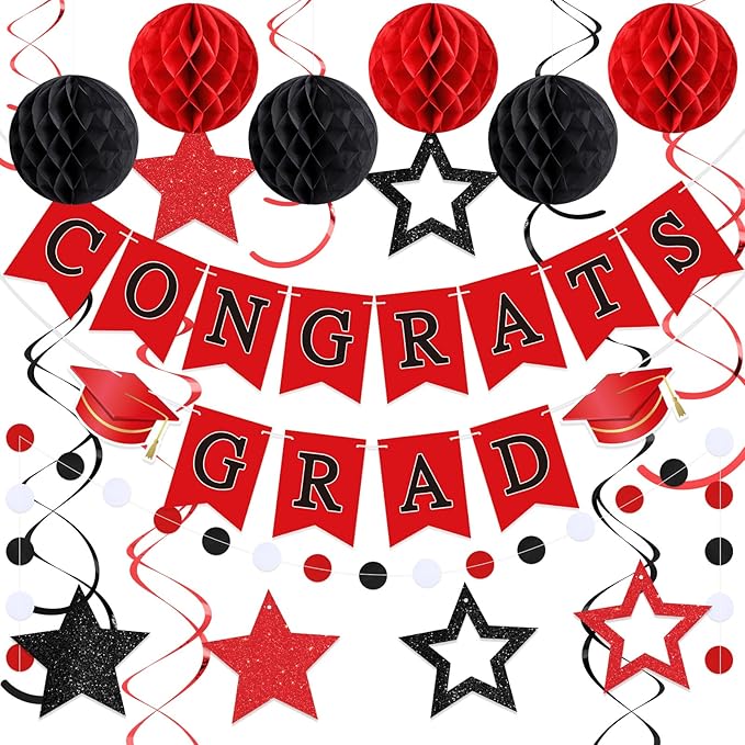Red and Black Congrats Grad Banner 2026 Graduation Decorations with Hanging Swirl Honeycomb Ball Circle Garland Grad Party Favor Supplies for College Senior High School Classroom Decor