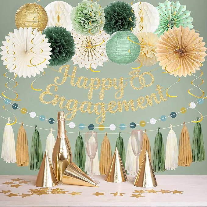 Roetyce Engagement Party Decorations, Green and Gold Glitter Happy Engagement Banner, Almost Married/Just Engaged Photo Background, Sage Green Congratulations Wedding Bachelorette Backdrop Decor