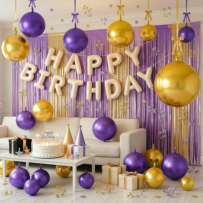Togvu Purple Gold Round Foil Balloons, 16PCS Different Sizes 4D Metallic Balloon Large Sphere Mirror Ball Balloons for Prom Graduation New Year Festival Birthday Party Ceiling Decorations Supplies