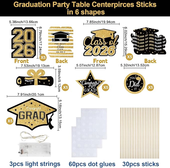 OuMuaMua Graduation Decorations Class of 2026-30pcs Black and Gold Graduation Table Centerpieces Sticks Table Toppers with Lights for College High School Congrats Grad Party Supplies