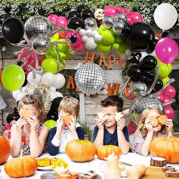 Halloween Balloons Arch Kit, Black Green Hot Pink Balloon Garland Kit with 4D Disco Spider Balloon, Black Pink White Metallic Silver Long Balloons for Halloween Birthday Home Garden Party Decorations