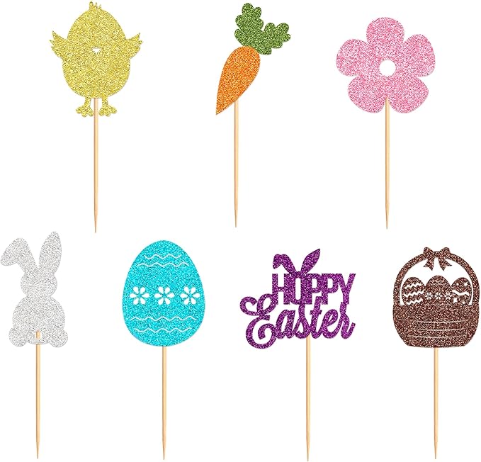Ercadio 28Pcs Happy Easter Cupcake Toppers Glitter Bunny Easter Eggs Carrot Rabbit Chick Cupcake Picks for Happy Easter Cupcake Decors Easter Baby Shower Birthday Wedding Party Supplies
