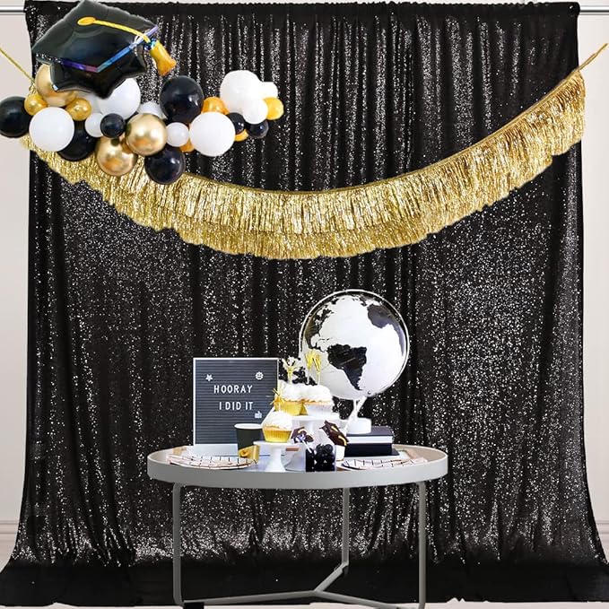 PartyDelight Black Sequin Backdrop 6x7ft - High Density 3mm Shimmer Sequin Background with 4-Inch Rod Pocket, Sparkly Photography Curtain for Birthday, Prom, Studio & Event Decor