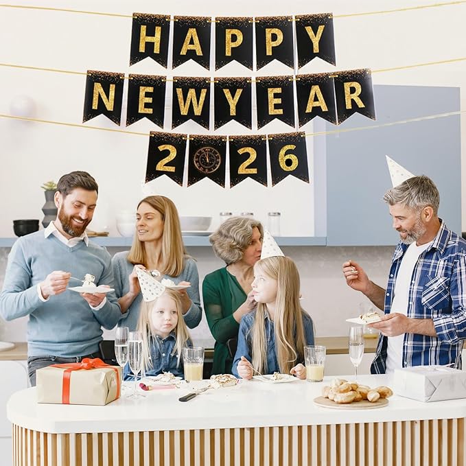 Happy New Year Banner,New Years Eve Party Supplies 2026, No DIY, Black Gold Happy New Year Banner for Outdoor Indoor Home Party Decorations