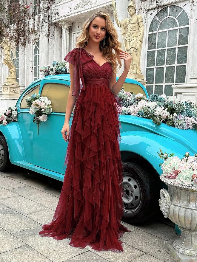 Summer Women Tulle Prom Dress Elegant Bow One Shoulder Slit Evening Party Gown Wedding Guest Bridesmaid Maxi Dress