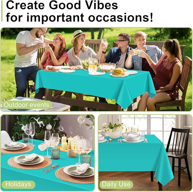 QIKSION Teal Plastic Table Cloth Disposable 3 Pack, 54 x 108 Inch Tablecloths for Easter Party, Summer, Turquoise Rectangle Table Cover