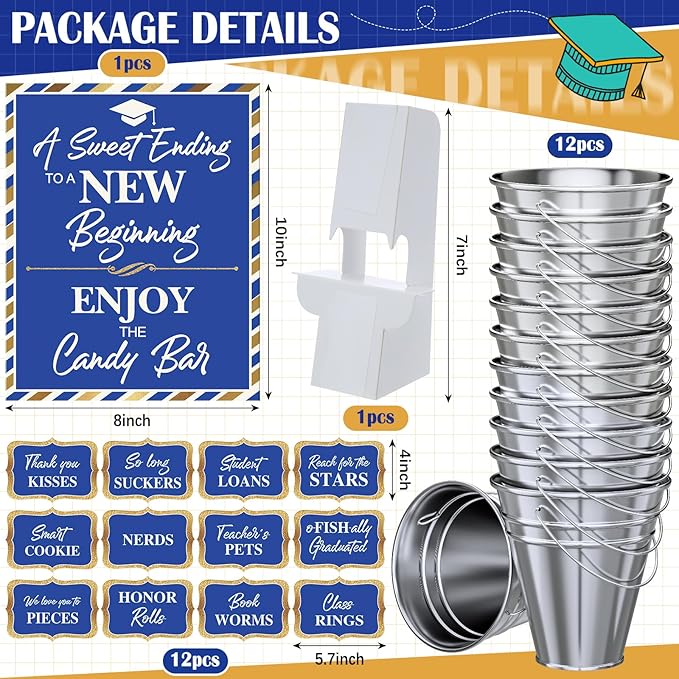 12 Set 2026 Graduation Candy Buffet Party Decoration Graduation Table Candy Bar Snack Labels Signs and 5'' Buckets with Handle for Class of 2026 Party Parties Supplies(Pure Style,Blue)