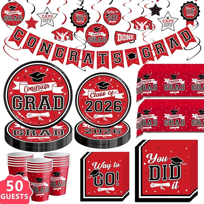 DAZONGE Graduation Decorations 2026 Red and Black, 265pcs Disposable Tableware Kit for 50 Guests, Plates, Napkins, Cups, Tablecloth and Hanging 2026 Graduation Party Decorations