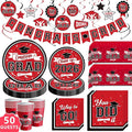 DAZONGE Graduation Decorations 2026 Red and Black, 265pcs Disposable Tableware Kit for 50 Guests, Plates, Napkins, Cups, Tablecloth and Hanging 2026 Graduation Party Decorations